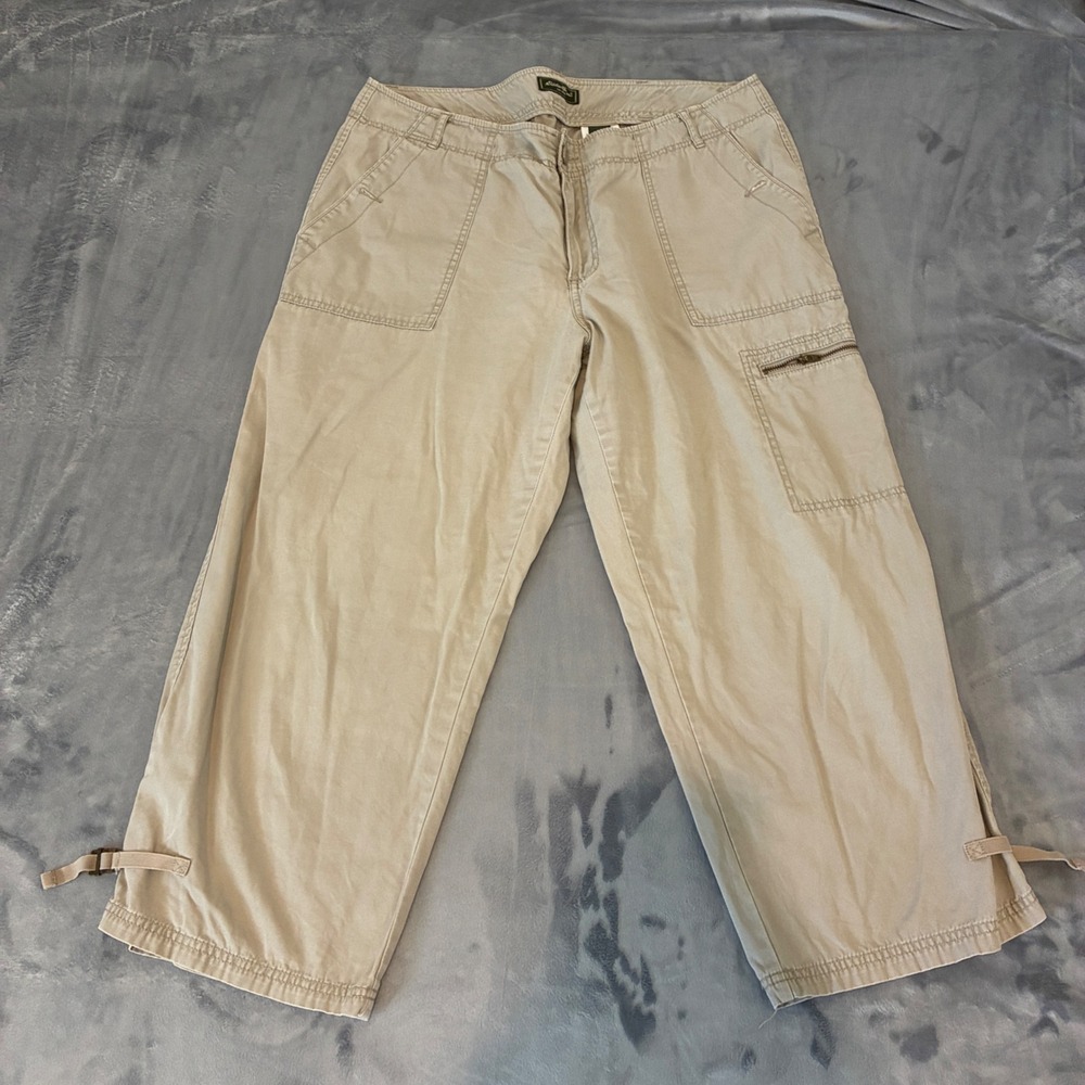 Eddie Bauer Crop Pants Womens 16 Tan Khaki Cotton Hiking Cargo Ankle Cinch
